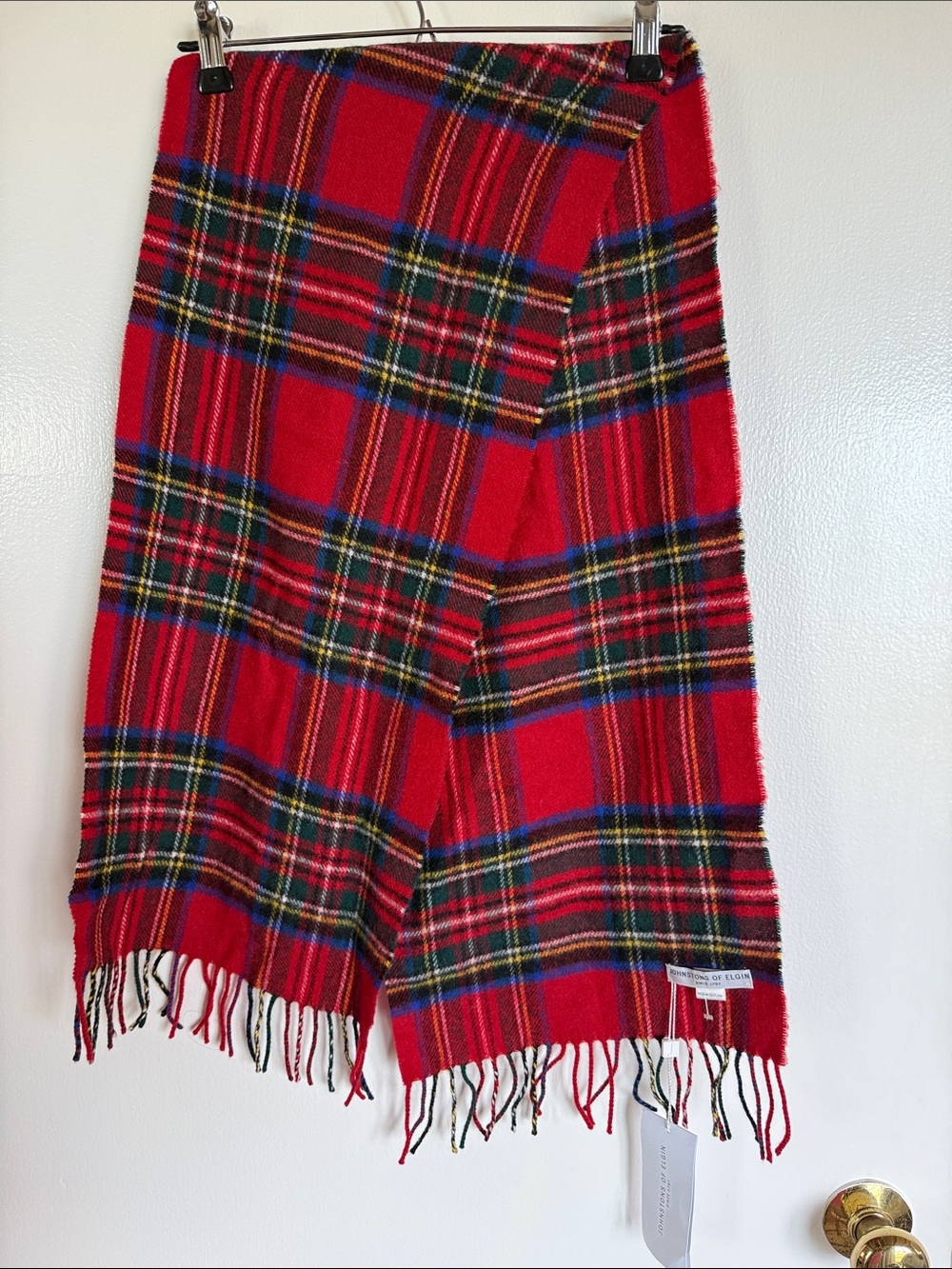 Johnstons of Elgin Red Tartan Plaid Fringe Scarf